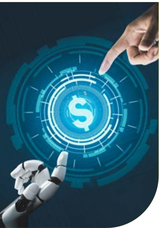 Illustrazione digitale su fondo blu scuro: un dito umano e una mano robotica si protendono verso un'interfaccia circolare luminosa con il simbolo del dollaro al centro
