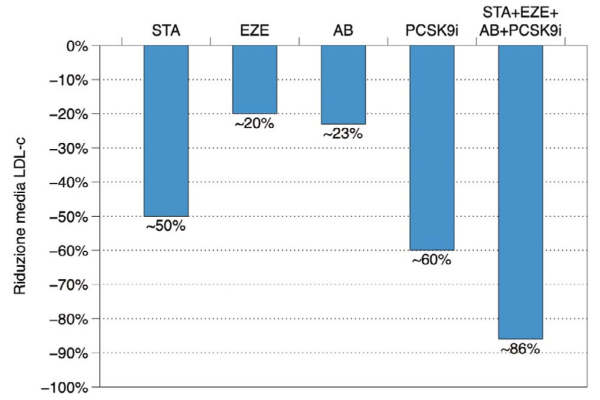 Grafico a barre della riduzione media percentuale del colesterolo LDL ottenuta con i diversi farmaci ipocolesterolemizzanti: statine ad alta efficacia circa -50%, ezetimibe circa -20%, acido bempedoico circa -23%, inibitori di PCSK9 circa -60% e associazione di statine, ezetimibe, acido bempedoico e inibitori di PCSK9 circa -86%.